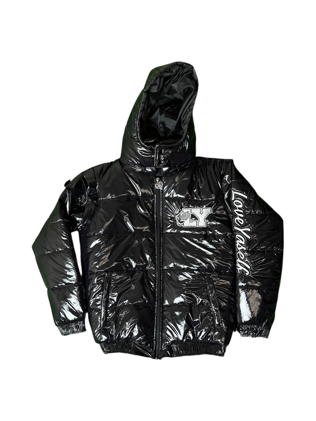 “Blackout” Love Yaself Convertible Glossy Puffer Coat