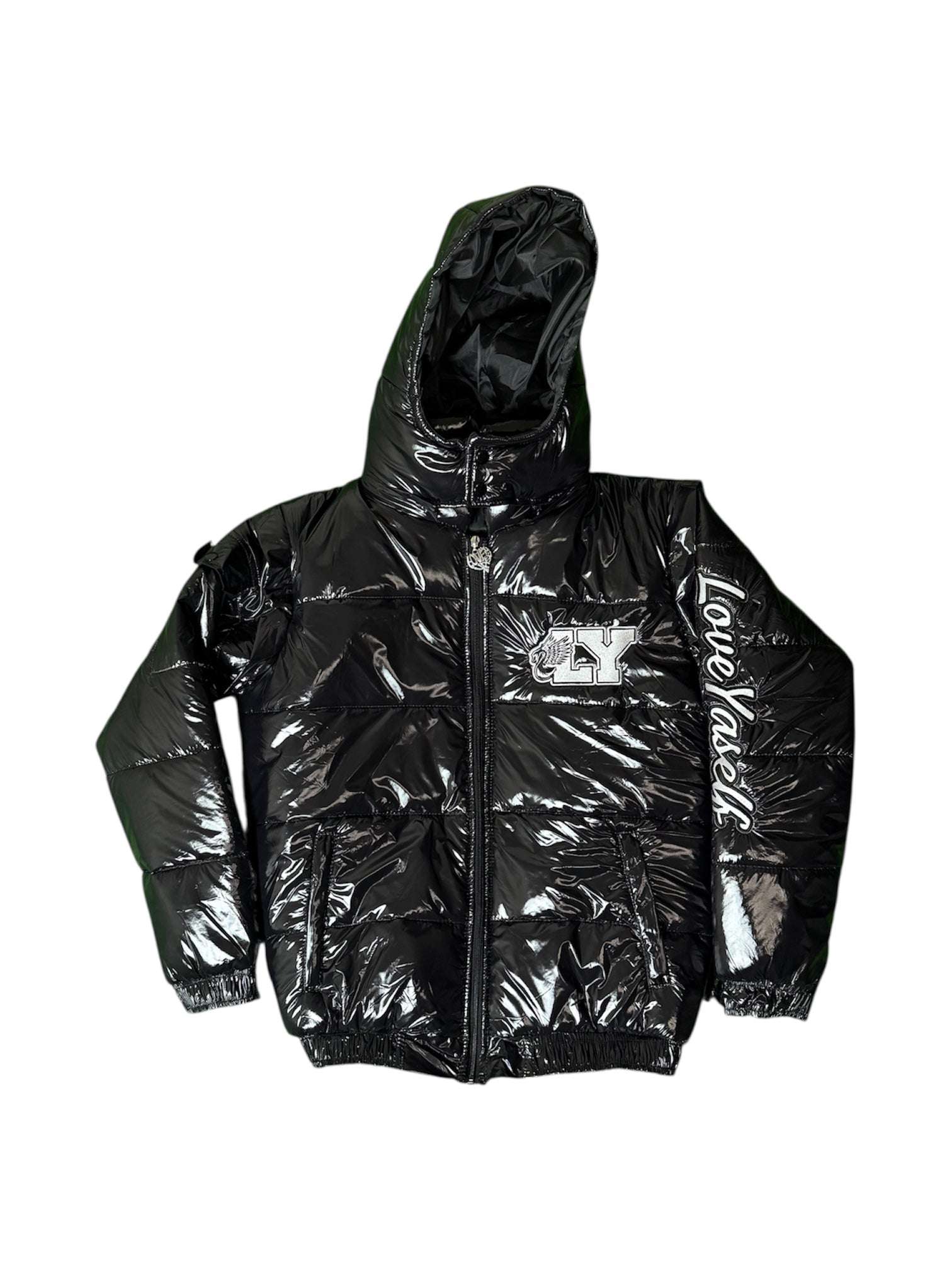 “Blackout” Love Yaself Convertible Glossy Puffer Coat