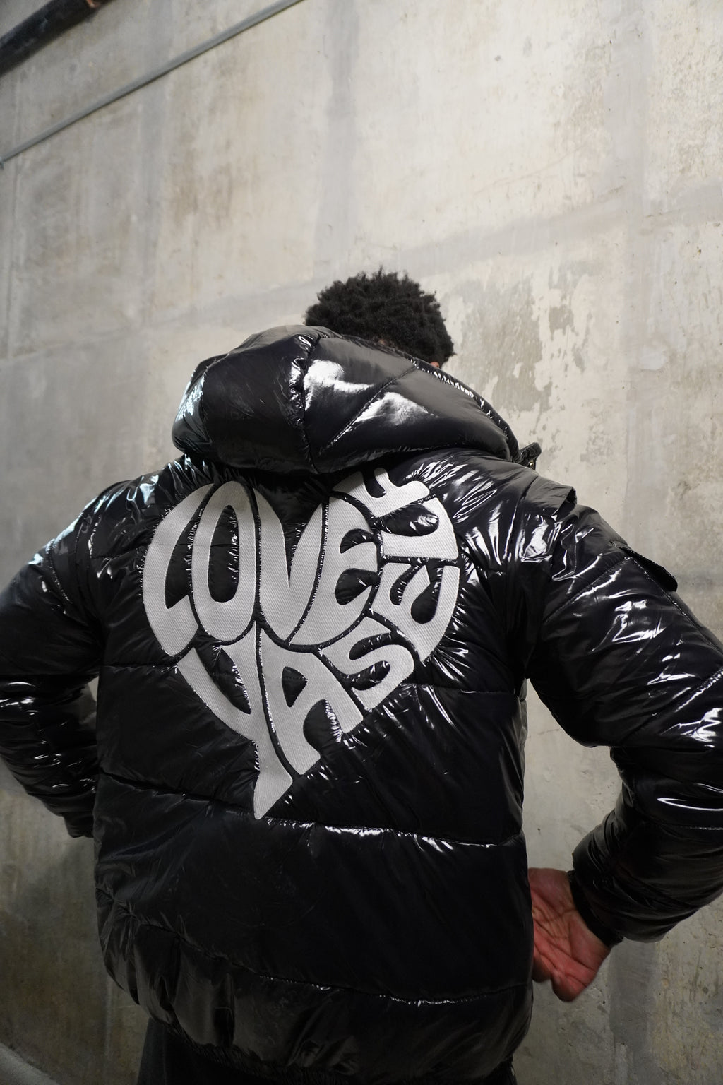 “Blackout” Love Yaself Convertible Glossy Puffer Coat