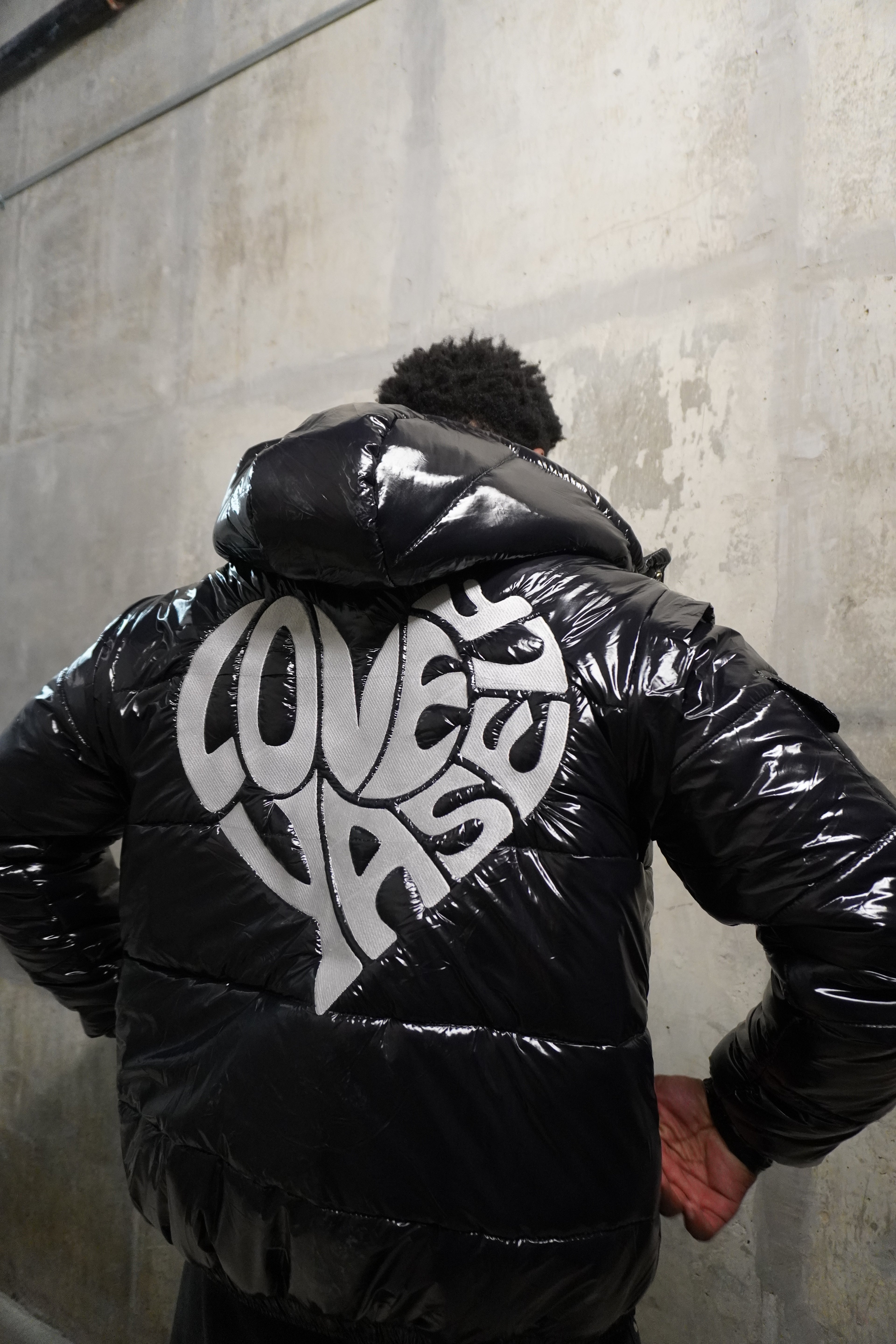 “Blackout” Love Yaself Convertible Glossy Puffer Coat