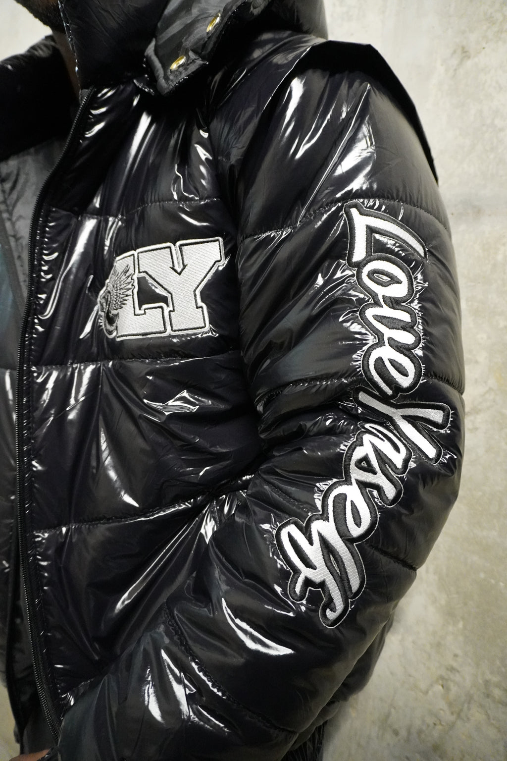 “Blackout” Love Yaself Convertible Glossy Puffer Coat