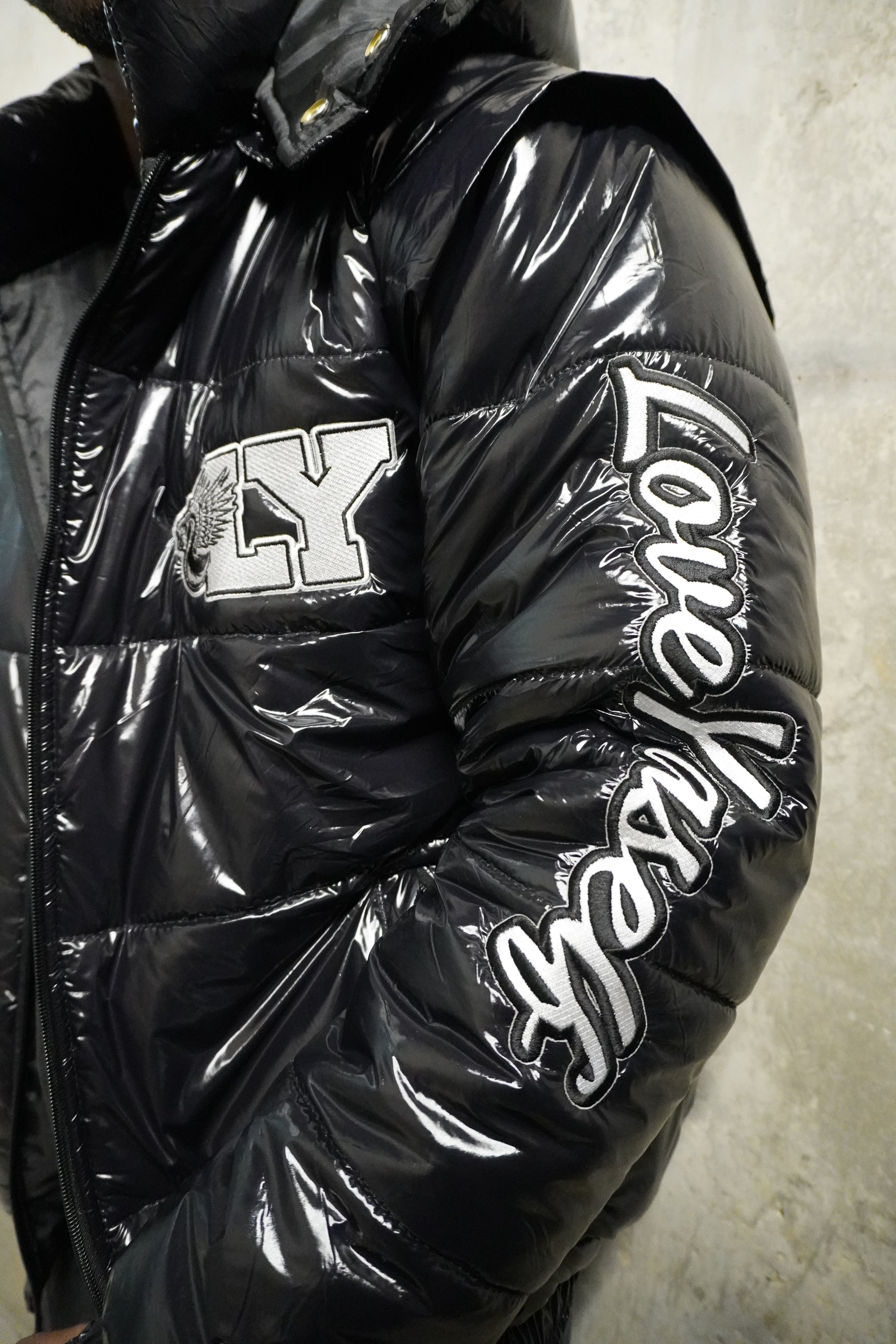 “Blackout” Love Yaself Convertible Glossy Puffer Coat