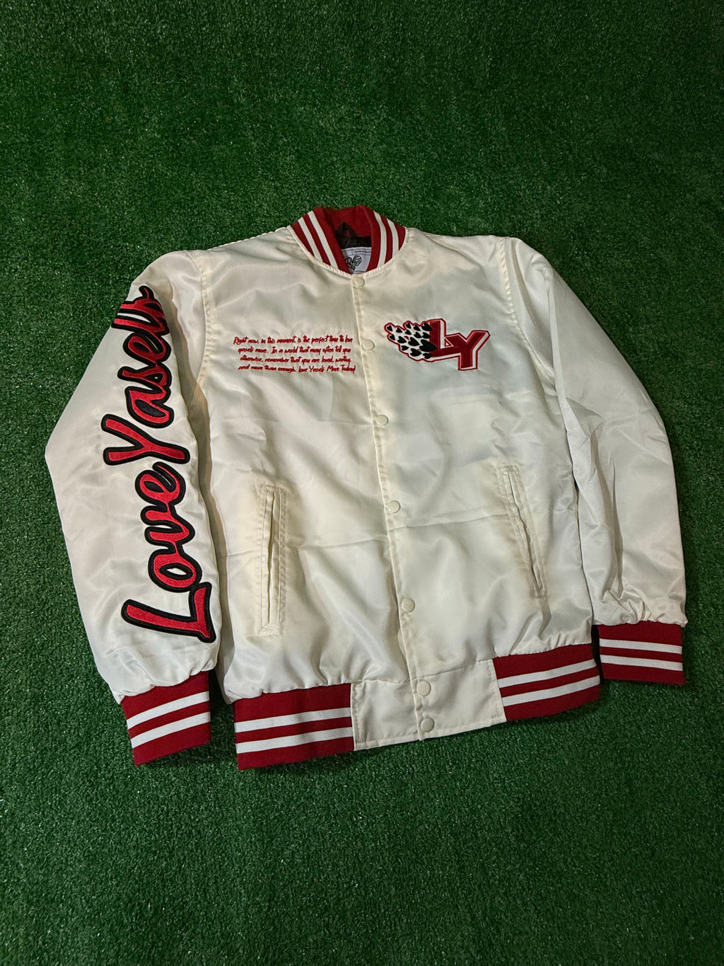 Light Cream Love Yaself “I Am Loved” Varsity Jacket
