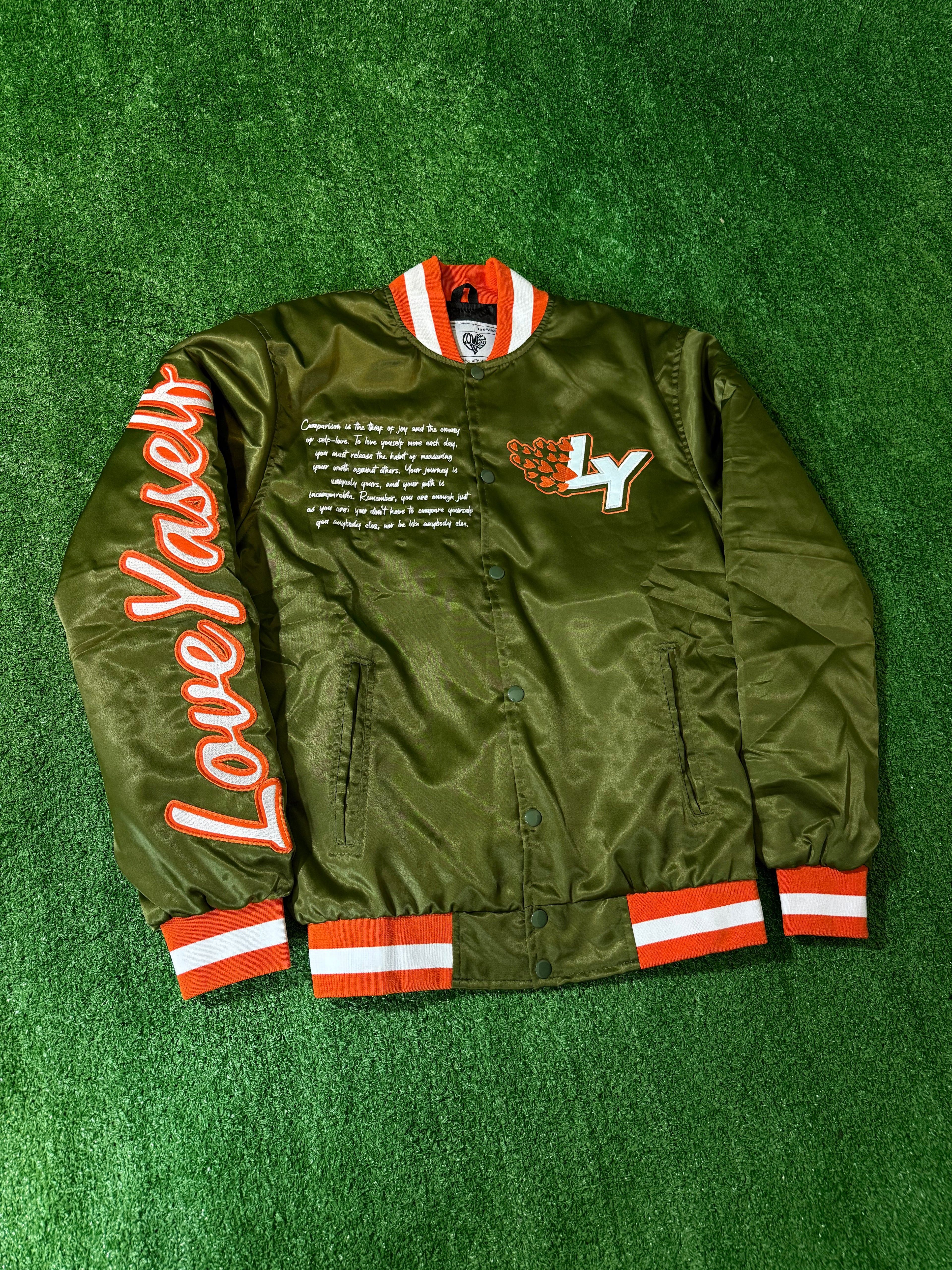 Olive Green Love Yaself “You Are Enough” Varsity Jacket