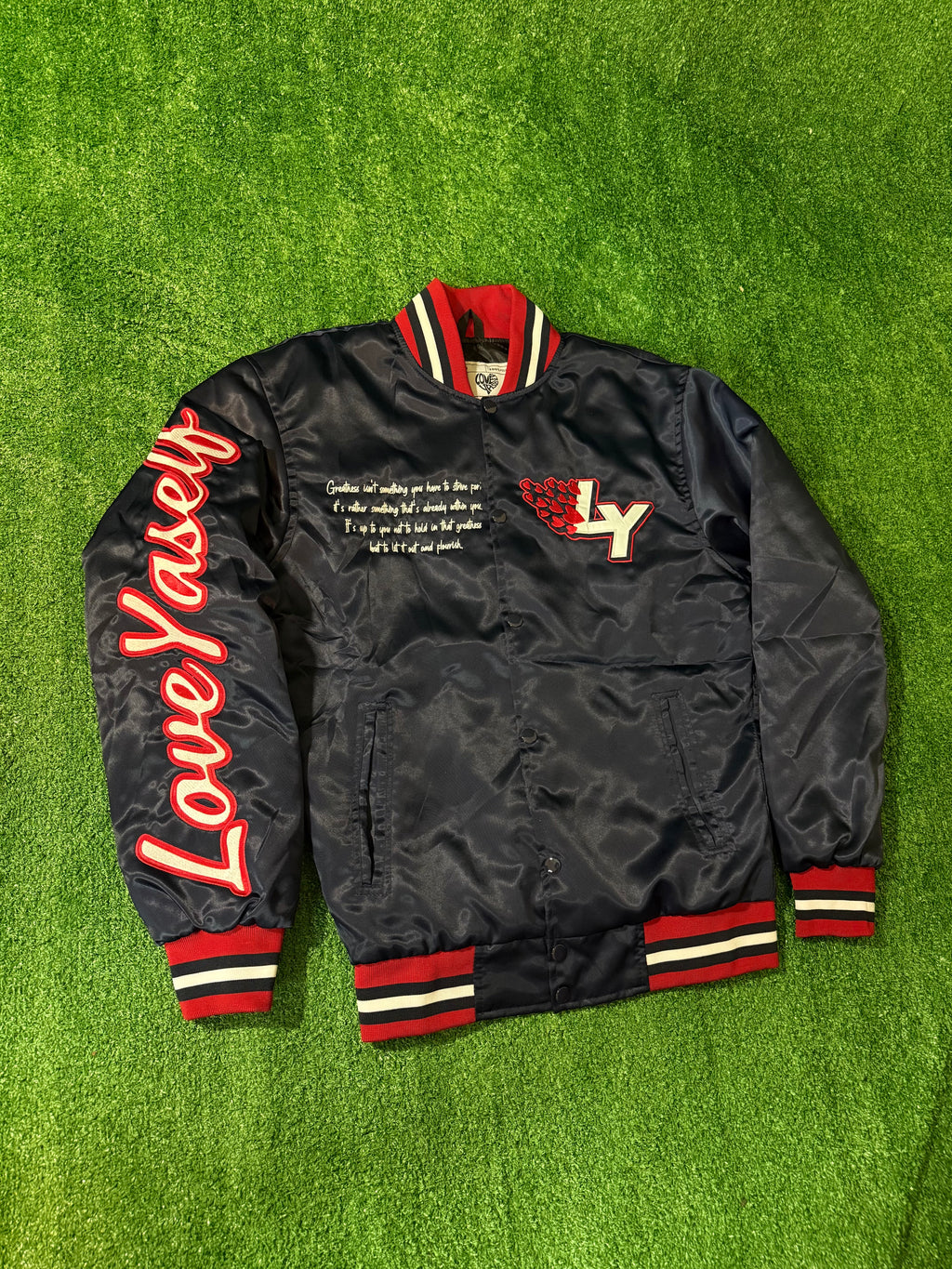 Navy Blue Love Yaself “Greatness” Varsity Jacket