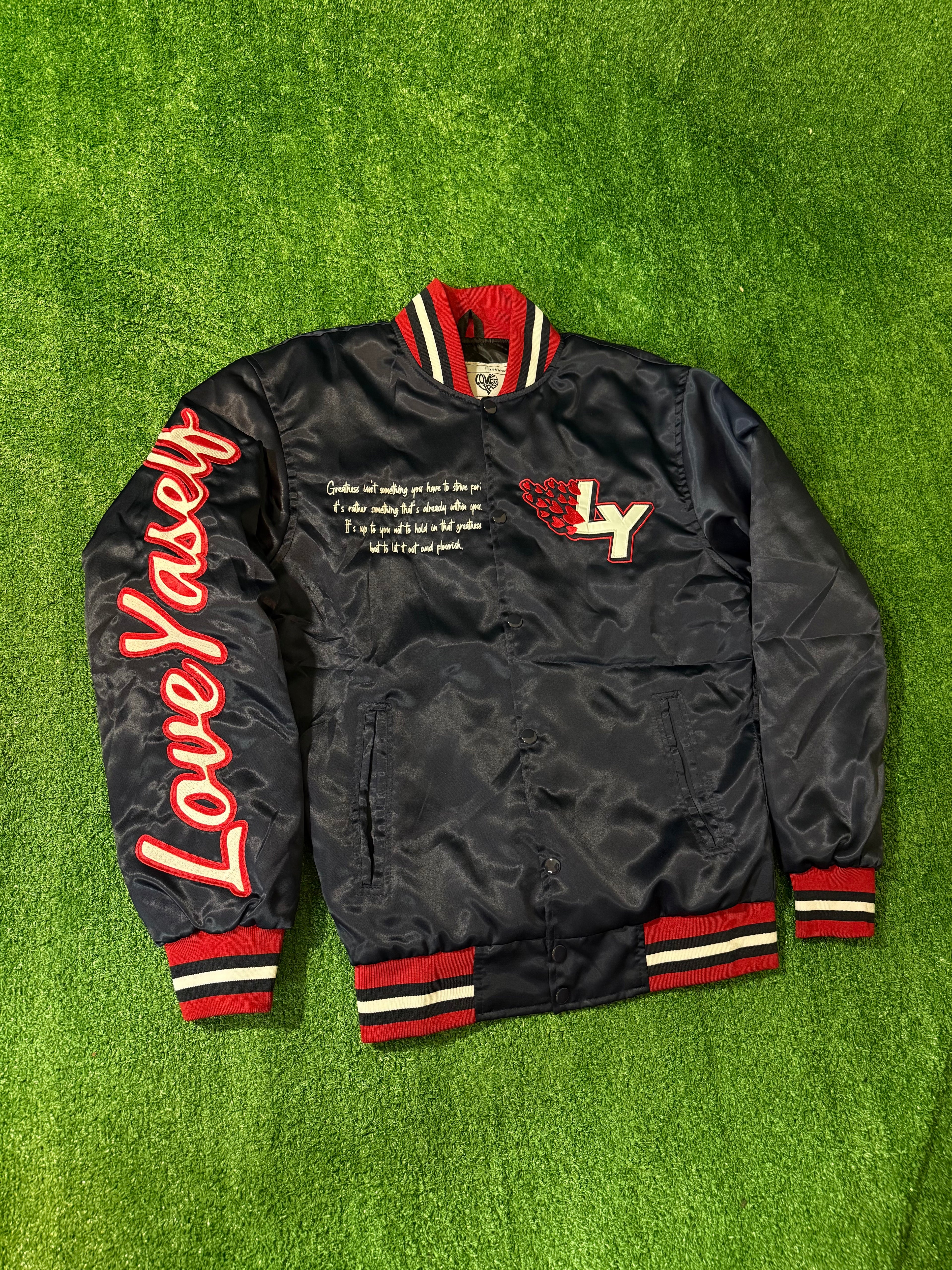 Navy Blue Love Yaself “Greatness” Varsity Jacket
